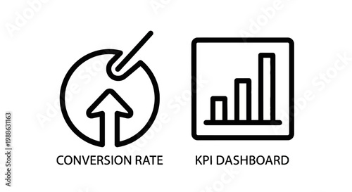 Business icons representing conversion rate with upward arrow and kpi dashboard with bar chart analytics conversion dashboard business analytics