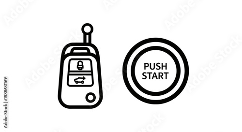 Automotive technology icons illustrating a modern car key fob with buttons and a vehicle engine push start ignition button ignition automotive technology