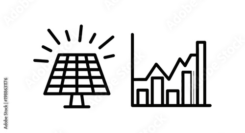Renewable energy icons featuring a solar panel with sun rays and a performance tracking line graph with bar charts renewable environment analytics