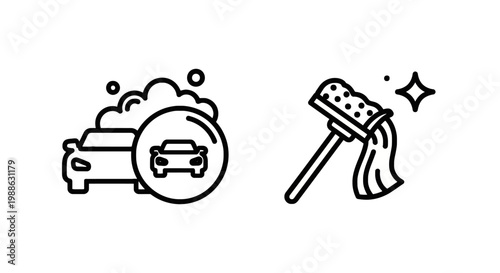 Professional car wash icons depicting an automobile with soap bubbles and a squeegee cleaning tool with shining sparkles cleaning detailing squeegee