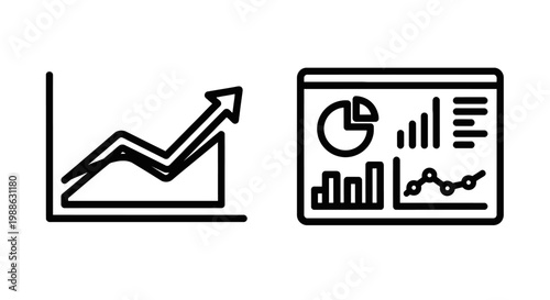 Business growth and data analytics dashboard icons showing upward trend and statistical charts with market data economy analysis line chart bar chart