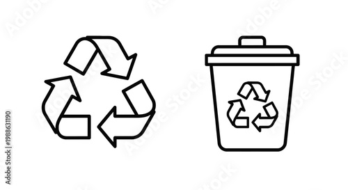 Recycling and waste management icons with eco-friendly symbol and recycle bin for environmental care trash can environmental protection recycling