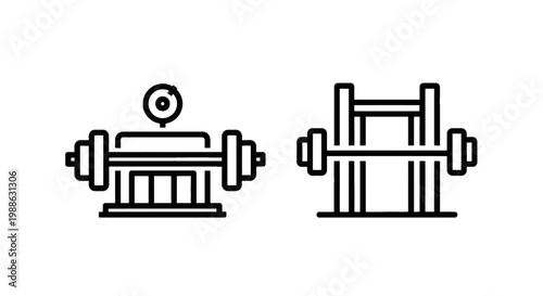Fitness equipment line icons featuring weightlifting bench press station and power squat rack for bodybuilding and strength training weightlifting strength