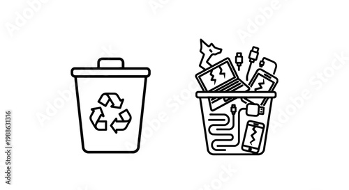 Electronic waste recycling icons featuring e-waste collection bin with laptop phone and cables e waste electronic recycling technology environment
