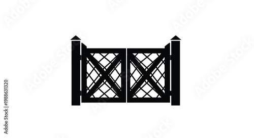 A minimalist black and white illustration depicts a closed decorative garden gate with x shaped details