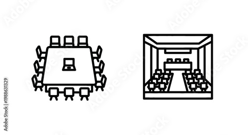 Corporate meeting and education space icons representing a conference room table with laptops and an auditorium lecture hall with a podium, conference