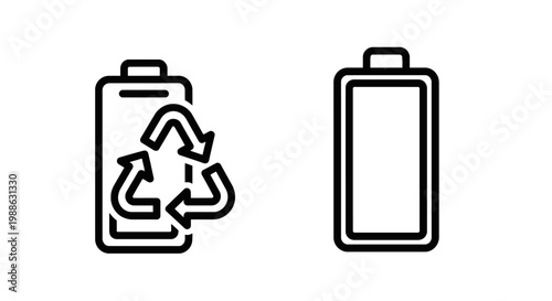 Sustainable energy and technology icons showing a battery with recycling symbol and a fully charged power cell for eco-friendly electronics, recycling