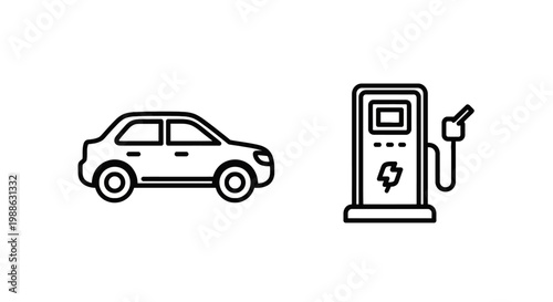 Electric vehicle car and ev charging station line icons set representing sustainable transportation and green energy infrastructure with electric, charging