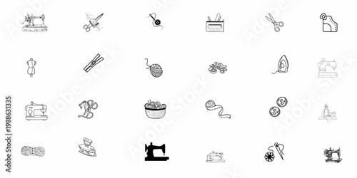 Hand Drawn Sewing Machine and Tailor Equipment Icon Collection – Minimalist Craft Tool Sketches and Sewing Line Art Set