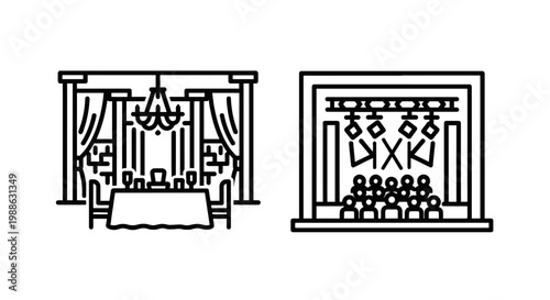 Event planning icons set featuring elegant banquet hall dinner setting and entertainment stage with stage lighting and audience planning lighting audience