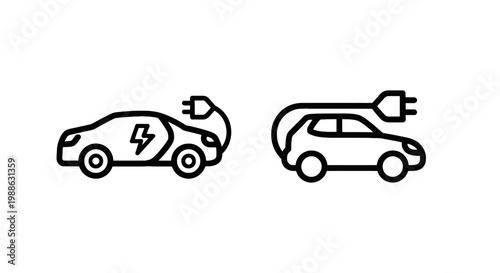 Electric car icons set featuring ev vehicles with charging cables and power symbols for sustainable transportation electric charging sustainable emission