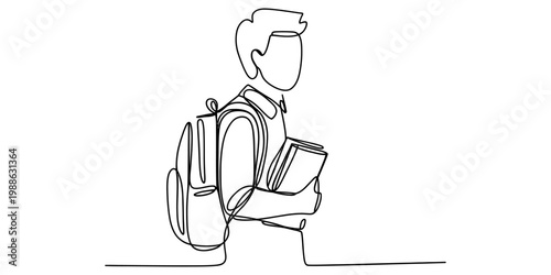 Tableau sur toile A single continuous line drawing of a male student carrying a backpack and holdi