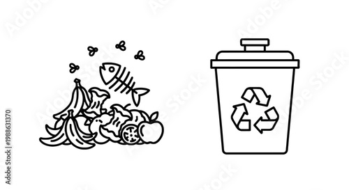 Organic food waste and compost recycling bin icons for environmental sustainability and waste management practices with recycling environment sustainabilit
