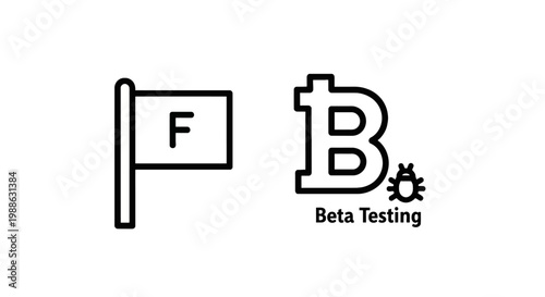 Software development icons representing beta testing with bug symbol and feature flagging indicator software development technology programming feedback