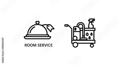 Hotel hospitality icons featuring a food service cloche for room service and a professional housekeeping cleaning trolley with supplies, hospitality