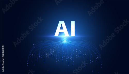 Glowing blue ai with radiating lines and dots on dark background, artificial intelligence glowing, blue radiating lines