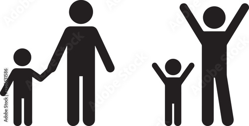 Black vector silhouette illustration of a father and child holding hands and raising arms in joy, representing family bond, parenting, and happiness.