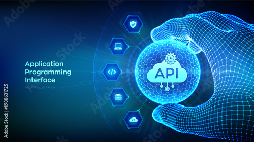 Hand holding a blue api cloud with surrounding hexagons, on a dark blue background, application programming interface