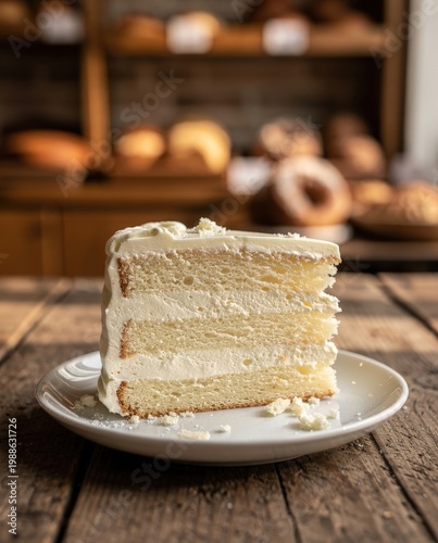 A delicious slice of vanilla layered cream cake on a white plate, set on a rustic wooden table in a cozy bakery. Close-up food photography with a soft bokeh background.