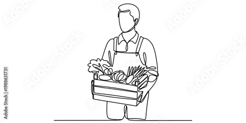 Continuous line drawing of a farmer holding a crate filled with fresh vegetables from the garden