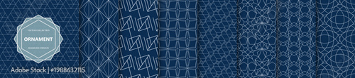Collection of blue seamless ornamental geometric patterns - outline textures. Repeatable elegant royal oriental backgrounds. Symmetry endless prints