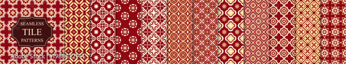 Collection of bright colorful seamless geometric tile mosaic patterns in Asian style. Decorative ornamental red and gold vector backgrounds