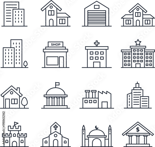 Set of thin line representing various buildings and structures, including houses, shops, hospitals, factories, and government buildings
