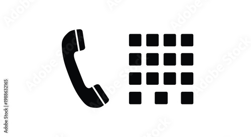 A simple black silhouette depicts a classic telephone handset alongside a keypad high quality professional detailed