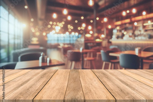 Empty wooden table top with blurred coffee shop and bokeh background for product display.