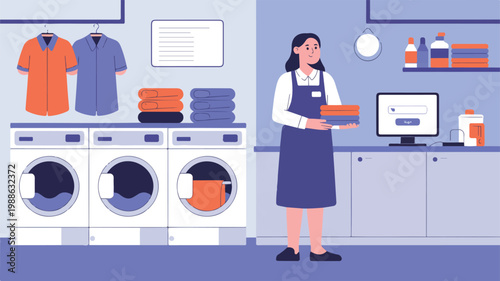 Flat design illustration of a professional laundromat with washing machines, folded laundry, and a service worker.
