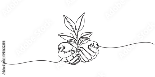 Obraz na plátne Continuous one line drawing palm hand holding together a green young plant, Hand holding plant's pot