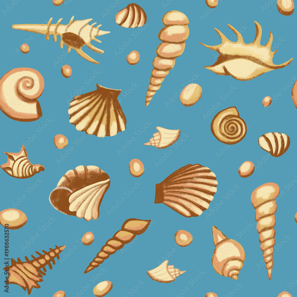 Fototapeta premium Seamless outline pattern with a set of different shells for your