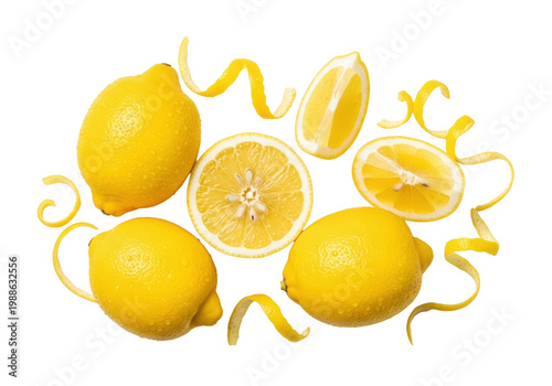 A vibrant flat lay of fresh yellow lemons, whole, sliced and as zest, isolated on a white background with copy space. Concept of freshness