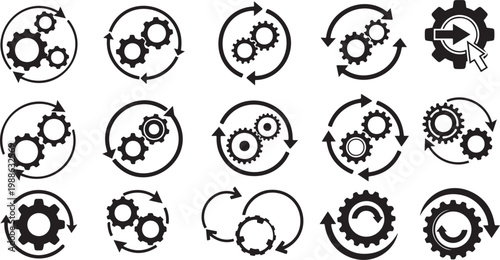 Circular gear icons with arrows a striking silhouette. Circular gear vector illustration.