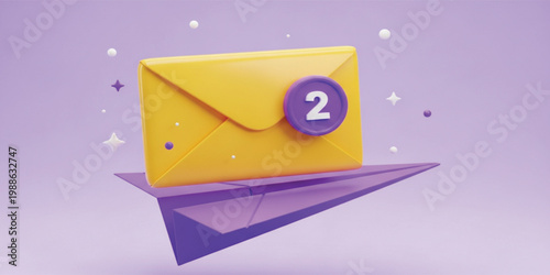 3D render of yellow email envelope icon with notification alert badge flying on purple paper plane for fast message delivery and communication concepts