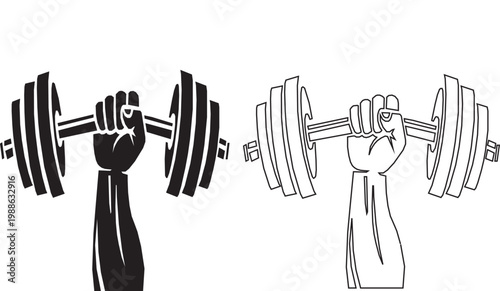 Strong Hand Lifting Dumbbell Vector Icon Set – Fitness, Bodybuilding, and Strength Concept black silhouette and outline dumbbell set on white background.