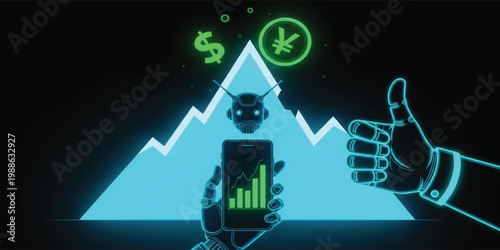 AI Trading Success Concept with Robot Holding Smartphone Growth Chart Currency Symbols and Thumbs Up Neon Vector Illustration