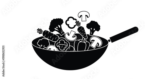 A black silhouette illustration depicts a wok overflowing with various vegetables and mushrooms high quality professional
