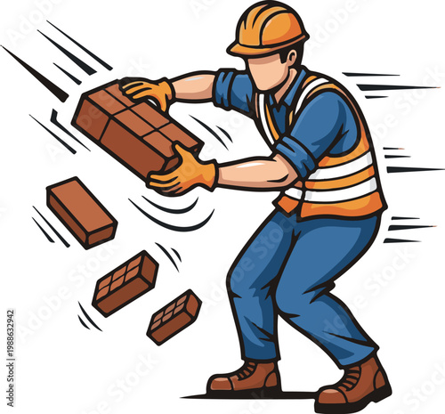 A construction worker in a hard hat throwing bricks with motion lines