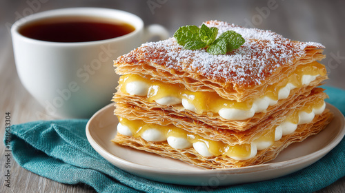 Delicate ultra-thin mille-feuille pastry reinterpretation on a white background