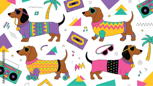 Retro 1980s style illustration collection featuring a personal computer, floppy disk, cassette tape, and VHS tape.