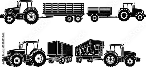 Set of agricultural tractor with trailers silhouettes isolated, farm transport vehicles, heavy machinery, rural farming equipment, cargo haulage illustration for industrial agriculture design use