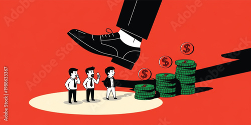 Corporate Pressure Concept with Giant Boss Shoe Over Workers and Money Coins Business Stress Vector Illustration Design