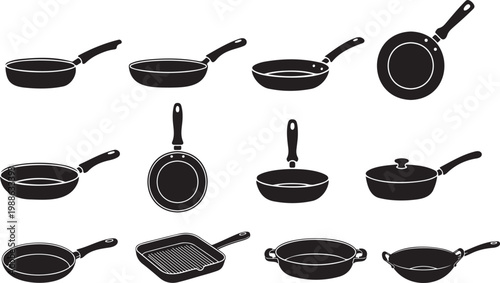 Black frying pans displayed against a white background silhouette. Frying pans vector illustration.