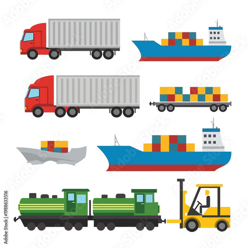 Cargo ships trucks train and forklift vehicles.