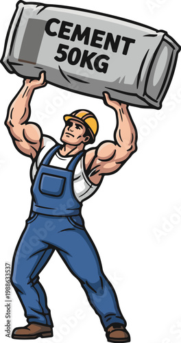 A muscular man in blue overalls lifting a heavy cement bag