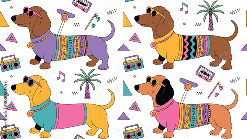 Retro 1980s style illustration collection featuring a personal computer, floppy disk, cassette tape, and VHS tape.