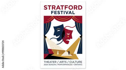 Illustration of a poster for the Stratford Festival, a performing arts event in Canada with theatre masks and stage curtains.