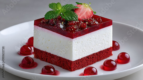 Fine dining cheesecake with mousse layers, elegantly plated dessert image