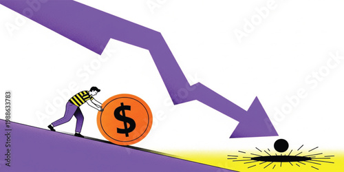 Financial Crisis Concept with Falling Arrow Man Pushing Dollar Coin Toward Risk Hole Economic Downturn Vector Illustration